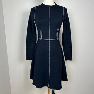 Sandro Navy Blue Lune Contrast Stitching Knit A Line Fit Flare Dress Size EU 36